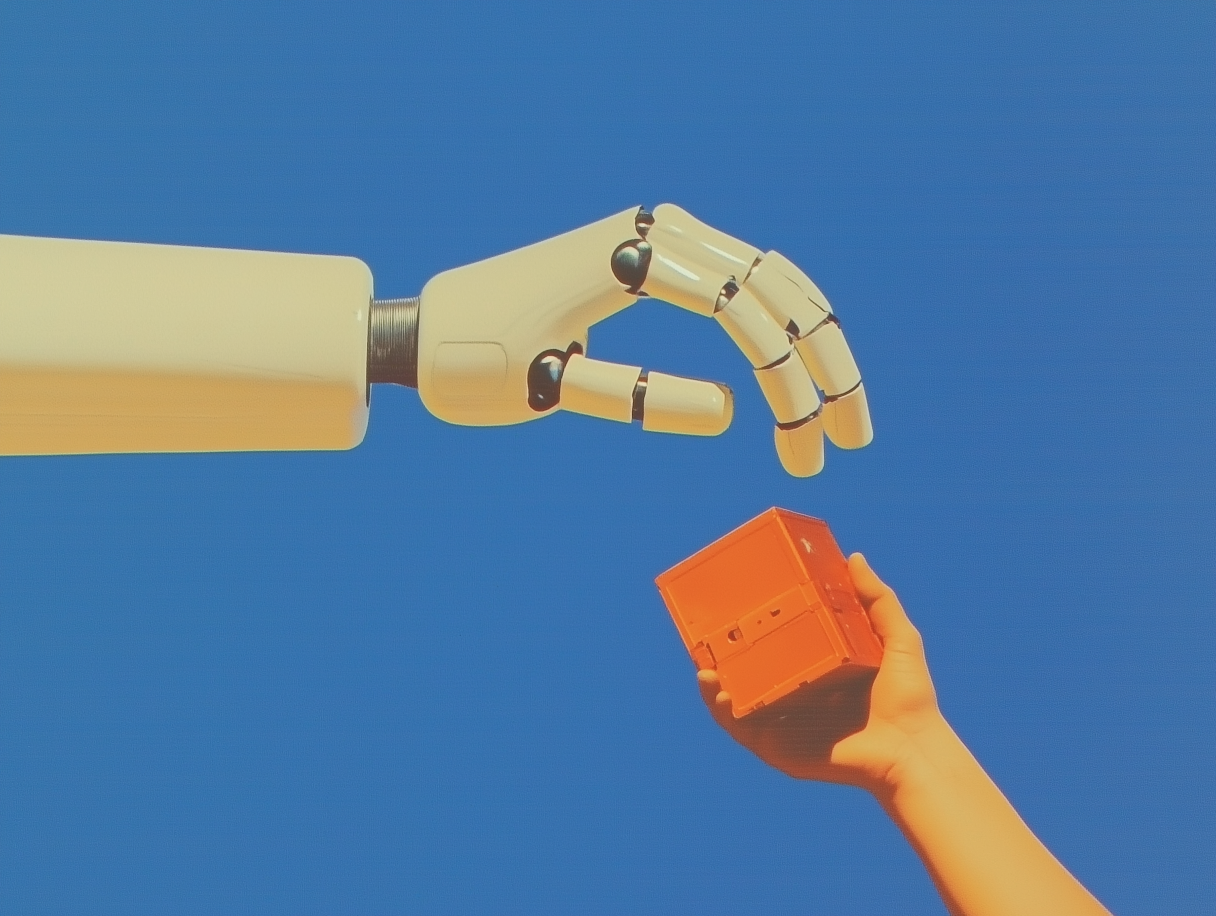 A robotic and a human hand exchanging a block